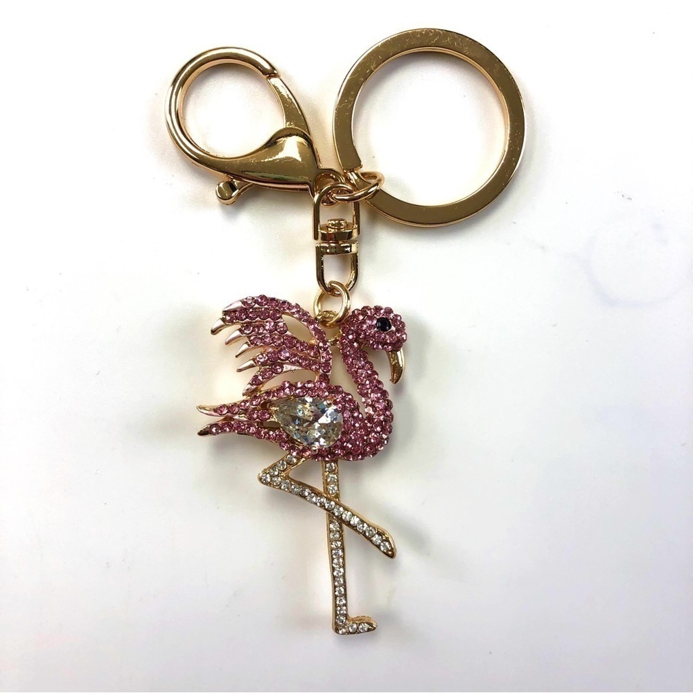 Pink flamingo crystal on gold keychain NEW